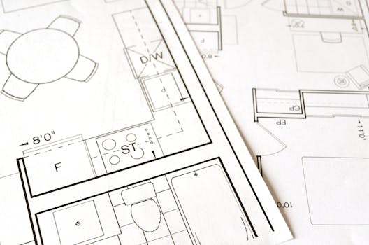 Close-up view of an architectural floor plan on paper showcasing detailed room layouts and measurements.
